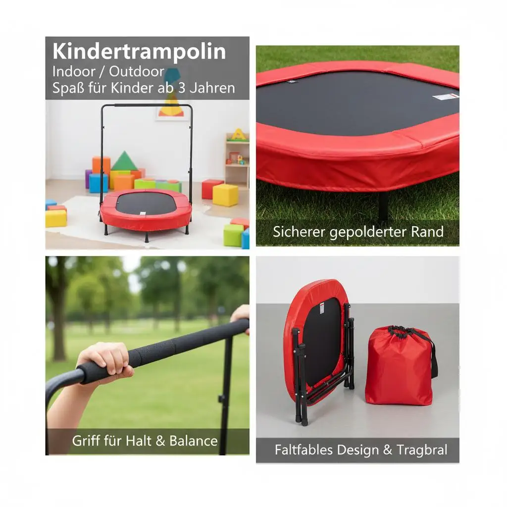 Mini-Trampolin, faltbar, 1435×970 mm, mit 5 verstellbaren Griffen, rot, für Fitness und Unterhaltung, schnell zusammenklappbar, Struktur – Detail 5