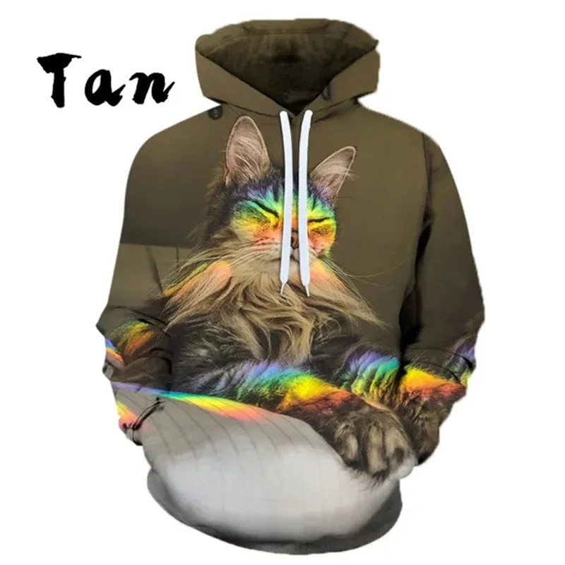 3D Printed Funny Cute Cat Hoodies For Men Colorful Animal Graphic Pullovers Casual Hooded Oversized Tops Sweatshirts Long Sleeve