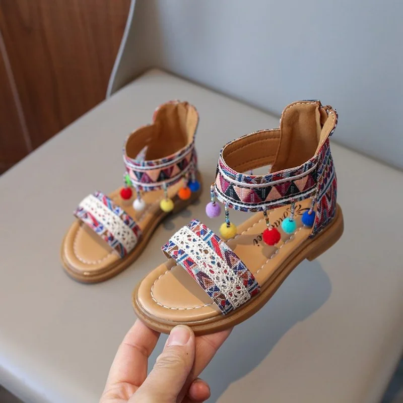 Summer Bohemain Flat Sandals for Girls New Colorful Beaded Decor Roman Sandals Chilren Fashion Soft Sole Non Slip Beach Shoes