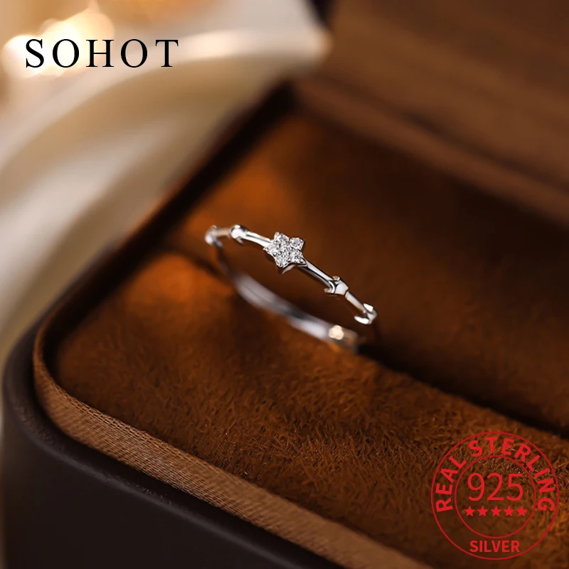 

Real 925 Sterling Silver Minimalist Star Zircon Adjustable Ring for Women Cute Geometric Fine Jewelry Light Luxury Accessories