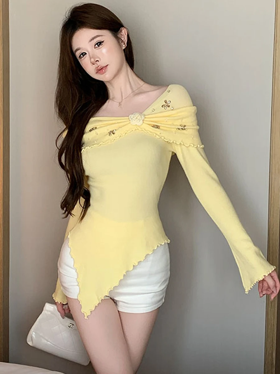 Elegant Korean Design Heavy Embellished Diamond Flower Long Sleeve Slim Fit Elegant Sweater Top Waist Cinched Sophisticated