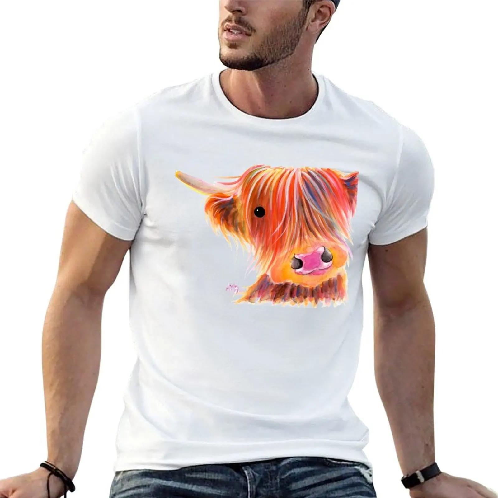 Camiseta con estampado de vaca de las Tierras Altas escocesas 'SWEET SATSUMA' de Shirley MacArthur, camisetas para hombre