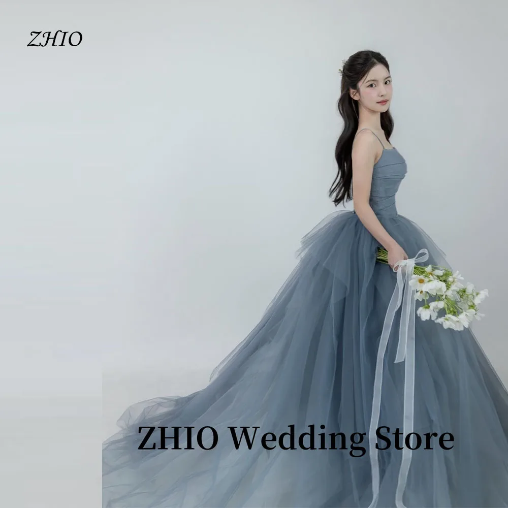 ZHIO Dusty Blue Tulle Wedding Party Dresses Korea Photo shoot A Line Spaghetti Straps Evening Gowns Formal Occasion Customized