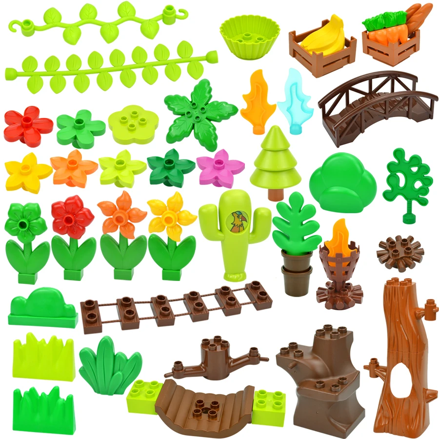 Big Size Building Block Plant Fruit Accessorie Flower Grass Tree Stump Adornment Farm Compatible Large Plates Brick Duploes Toy