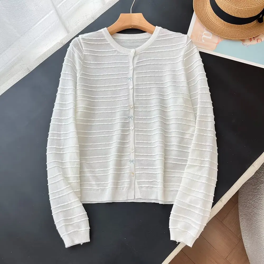 한국 스타일 매듭 줄무늬 니트 오픈 가디건 여성 패션 슬림 롱 셔츠 탑 코트 봄 가을 시즌