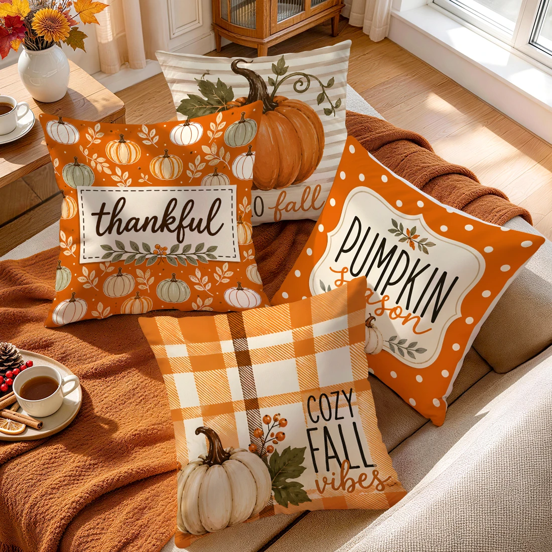 Polka Dot Plaid Pumpkin Season Cushions Pillowcase Polyester Cushion Cover Throw Pillow Pillowcover Home Car Sofa Decor