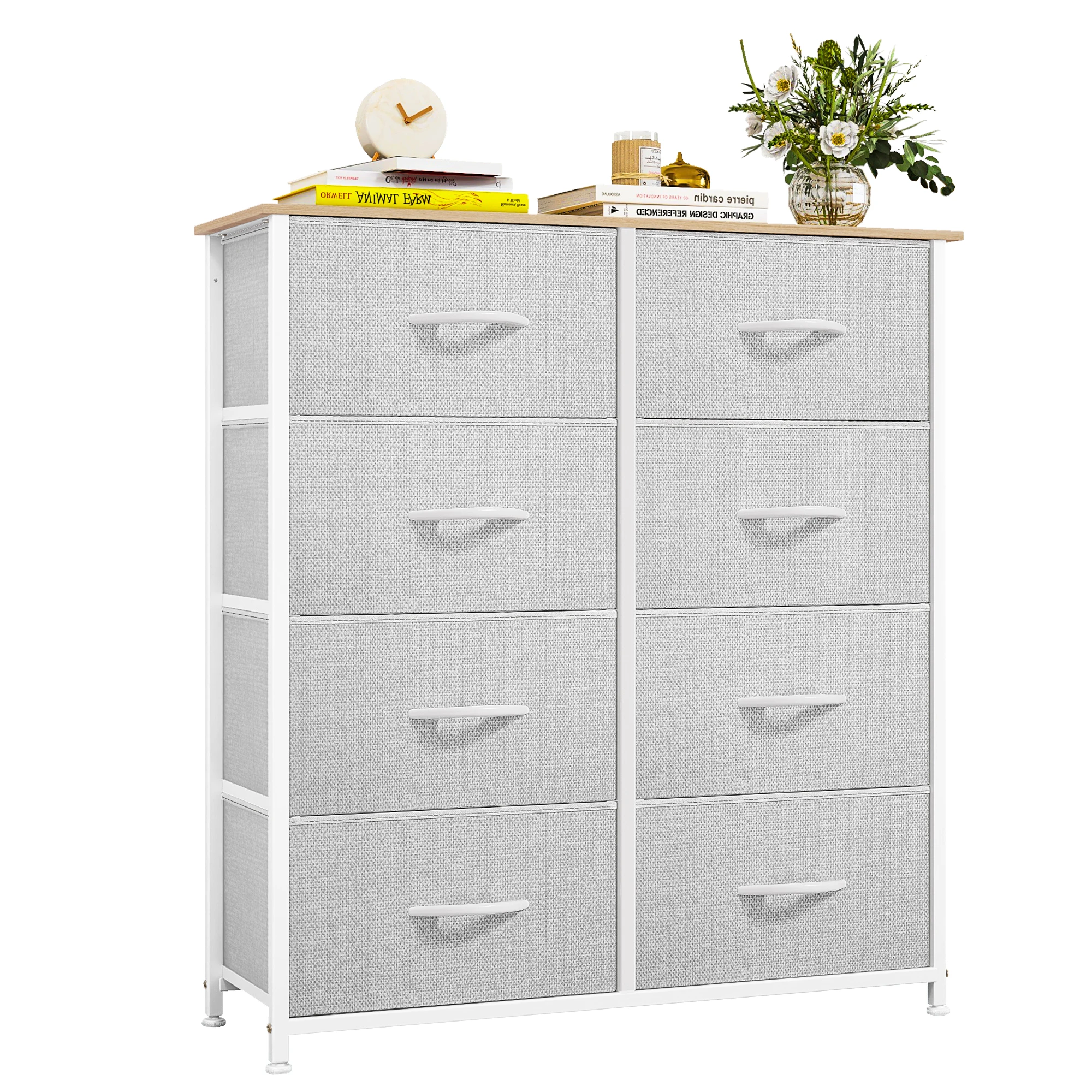 YITAHOME Cassettiera a 8 cassetti grigio chiaro: struttura in acciaio e ripiano superiore in legno per camera da letto/soggiorno/casteria