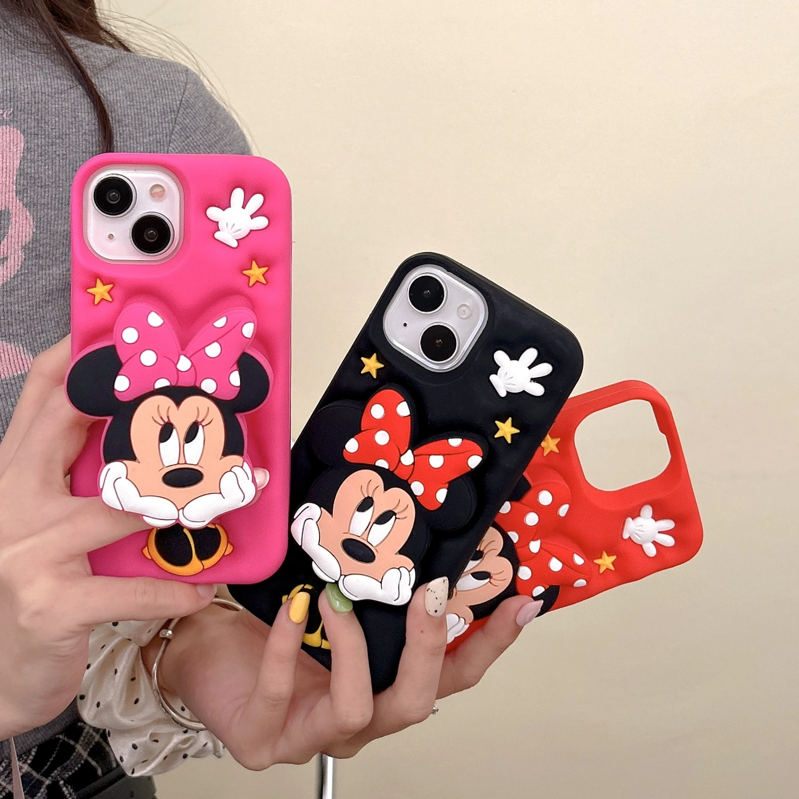 For iPhone 15 14 13 12 11 Pro Max Case Minnie Holding Face Head Holder Soft Silicone Soft Case