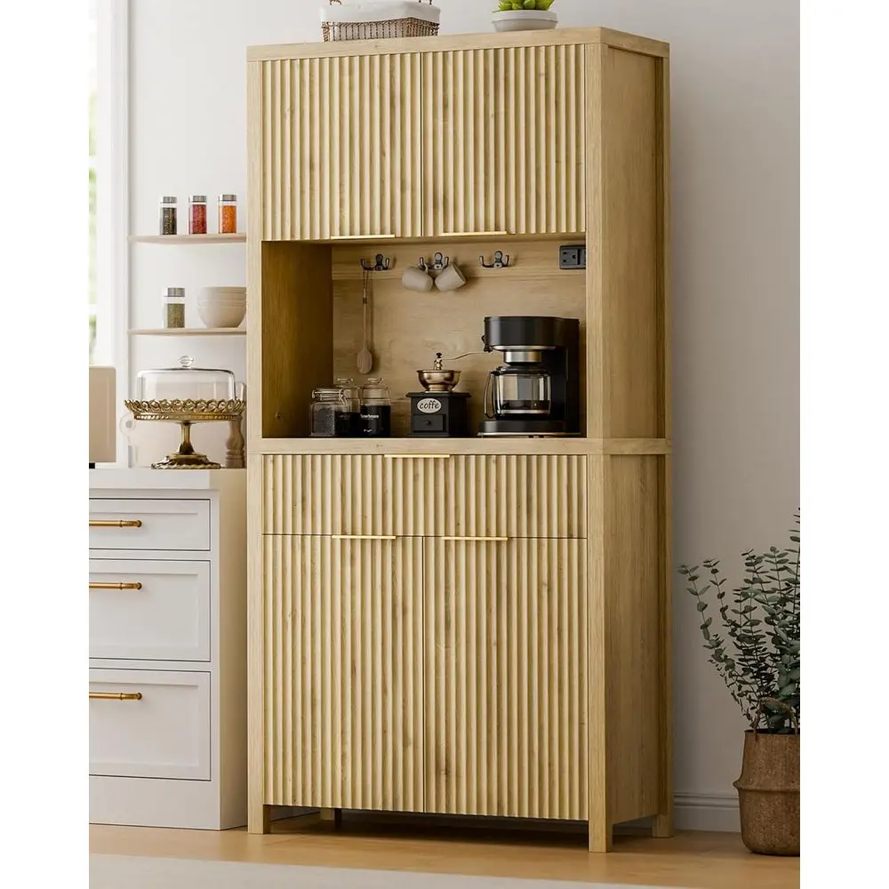 71" luted Pantry Cabinet with Charging Station, Natrual | Adjustable Shelves, Open Countertop, Der, Spacious Kitchen Storage