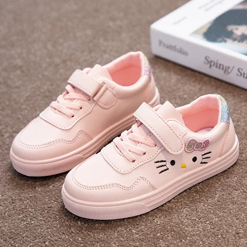 

Girls White Pink Cute Cat Sneakers | Waterproof PU Casual Shoes for Young Children (25-36)