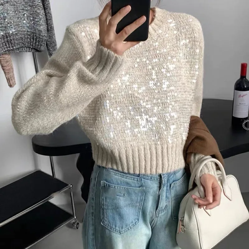 New Korean Round Neck Short Pullover Sequin Knit Sweater with a Lazy and Stylish Design Colorful Yarn Fashion Sweater