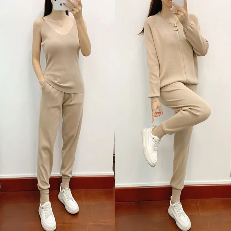 JY Spring and Autumn women's zipper knitted cardigan sweater+pants set+vest women's fashion pullover pants 3-piece set