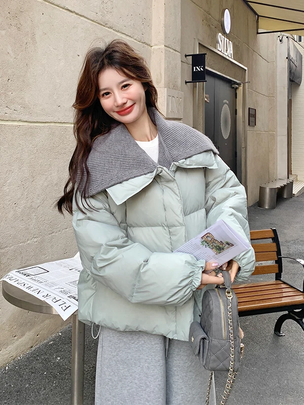 니트 여성용 패딩 재킷 브레드 슬레 겨울 따뜻한 아우터웨어 패션 디자인 캐주얼 루즈핏 화이트 다운 필