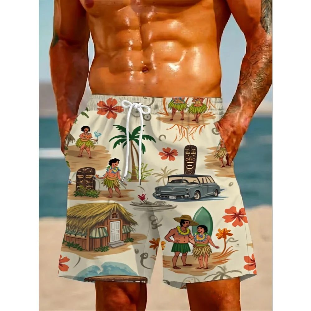 Men Hawaii Hula Dancer Tiki Hut Vintage Car Surfboard Hibiscus 3D All Over Print Quick Dry Drawstring Beach Swim Boardshorts