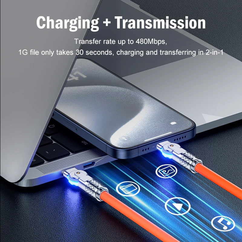 60W Type C Data Cable Zinc Alloy Fast Charging Cable for Xiaomi Dual-Head 180° Degree Elbow Cable Silicone Data Phone Accessorie