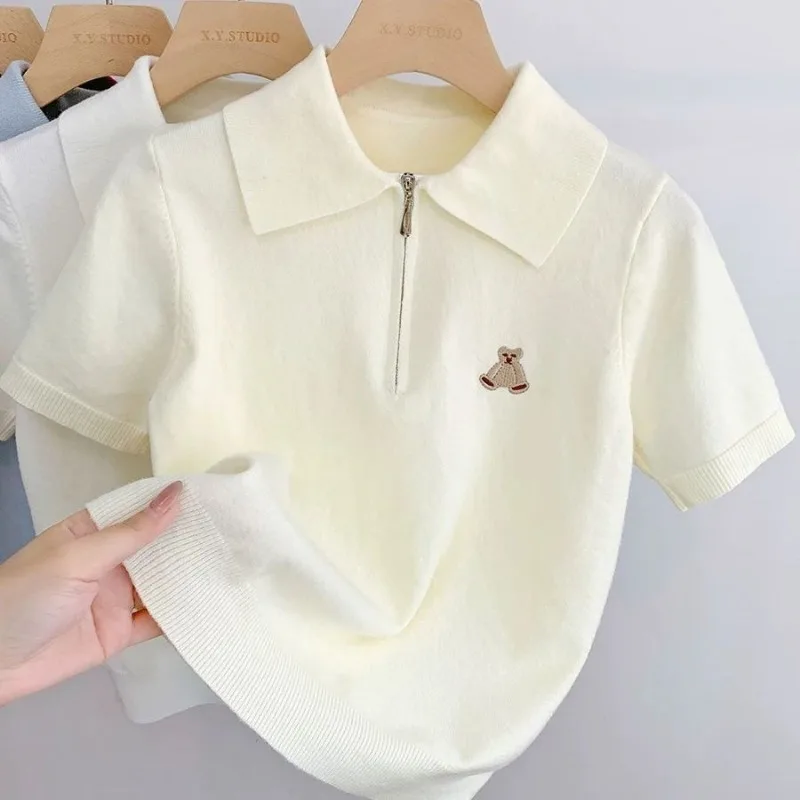 

Women Clothing Summer Fashion Casual Zipper Solid Color Polo Collar Female Simplicity Embroidered Ice Shreds Short Sleeve Top Te