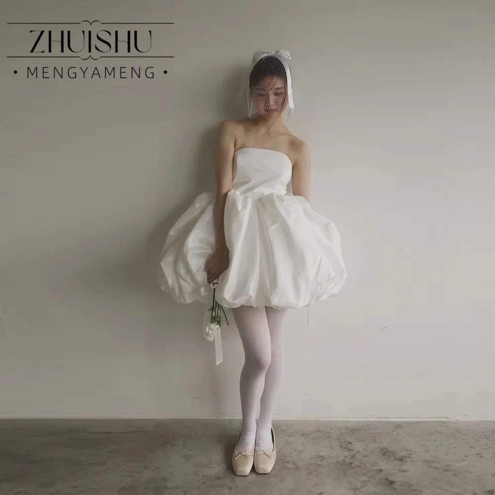 ZHUISHU Puffy Skirt Korea Wedding Dress Photo Shoot Simple A Line Mini Short Formal Party Reception Dresses Strapless ウェディ