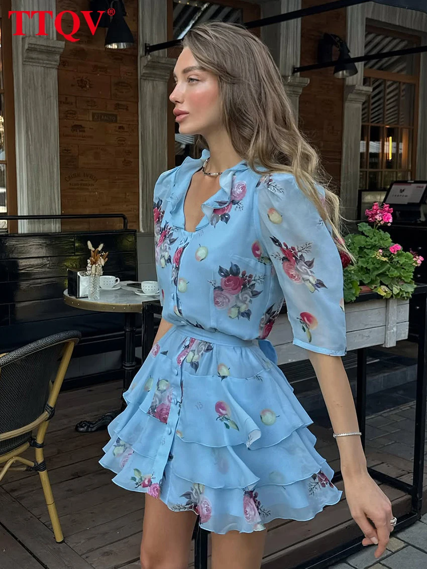 

TTQV Fashion Loose Print Women's Dress 2026 Summer V-Neck Short Sleeve Mini Dresses Lady Elegant Classic Pleated Dress Female