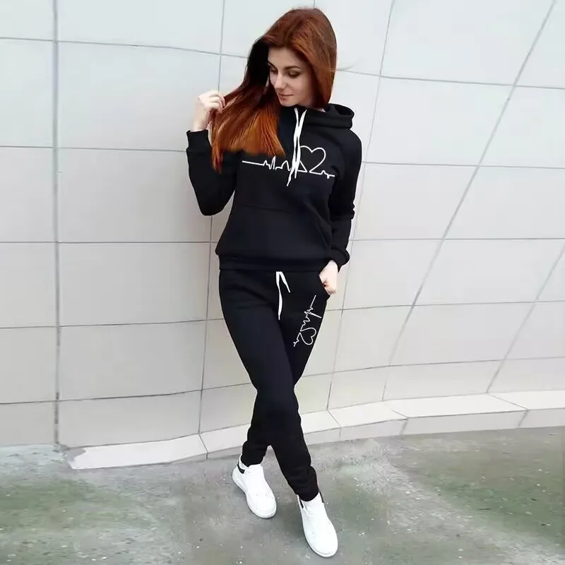 Autumn and winter women's casual electrocardiogram warm hooded sportswear street fashion women's jogging pants two-piece set