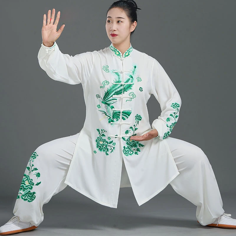 Custom Green Phoenix Tai Chi Suit, Women's Double Silk Linen Practice Wear for Spring/Autumn