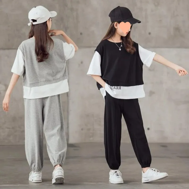 Children's sports suit summer new middle-aged and older children's short-sleeved two-piece set, girls' casual pants suit tide