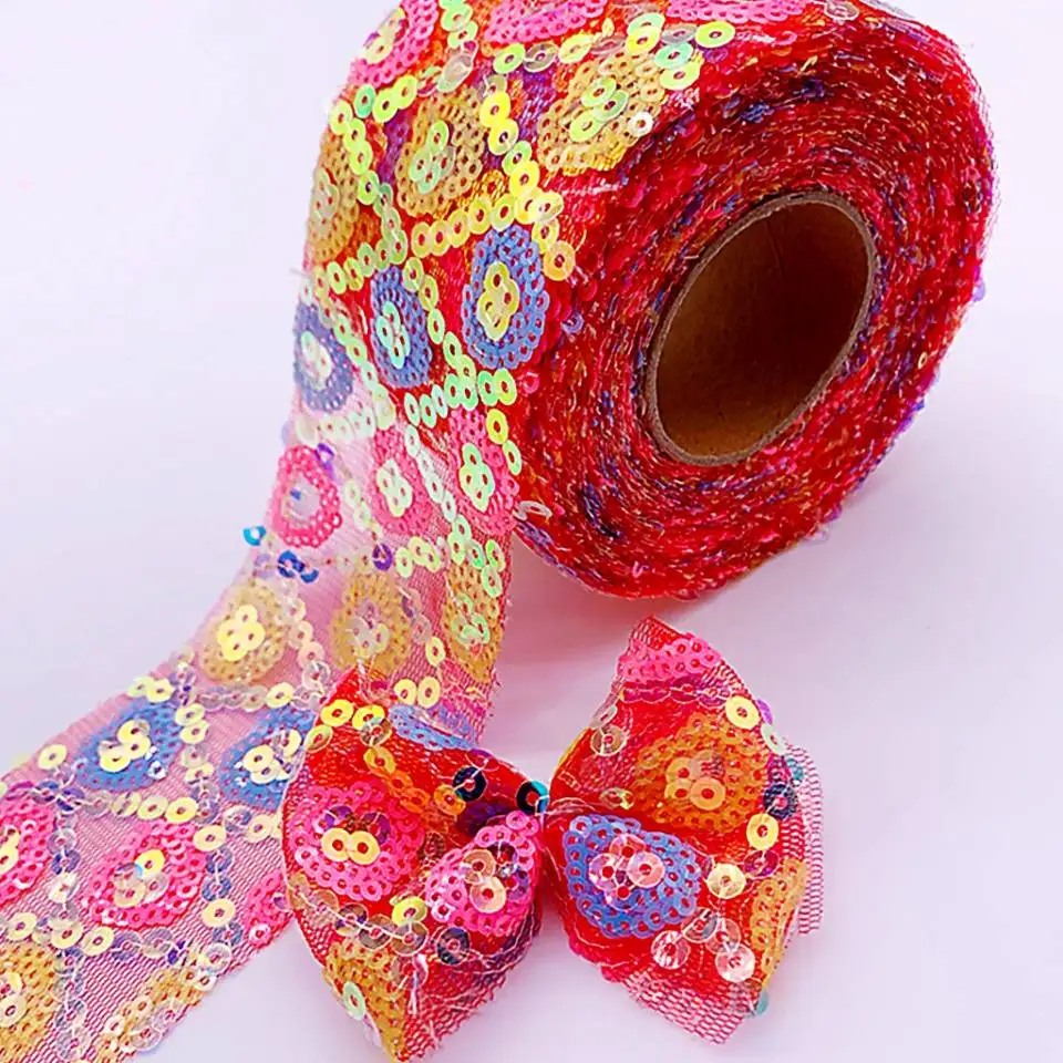 10 Yards/Roll 6CM Colorful Sequins Ribbon Heart DIY Handmade Materials Crafts Headwear Hair Bows Material Accessories 60MM