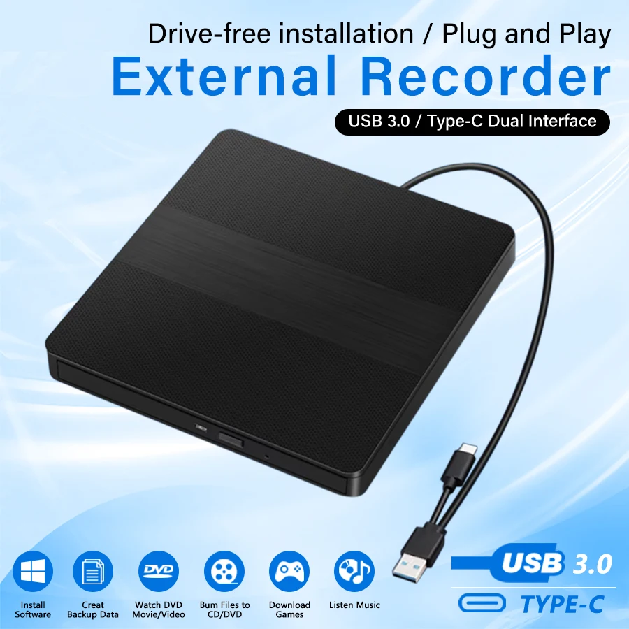 2-in-1 USB3.0 Type-C External DVD RW CD Writer Drive Burner Reader Player CD-ROM DVD-ROM Optical Drives For Laptop Desktop PC