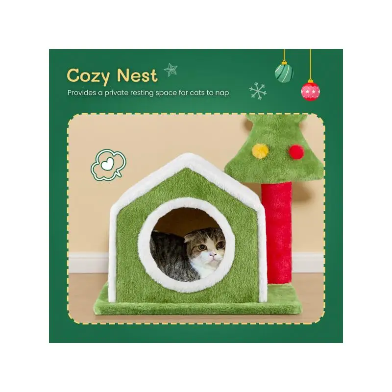 سرير بيت القطط بطول 24 بوصة، عش عيد الميلاد من القطيفة الناعمة للقطط الداخلية، ديكور عطلة احتفالي لأصدقاء القطط