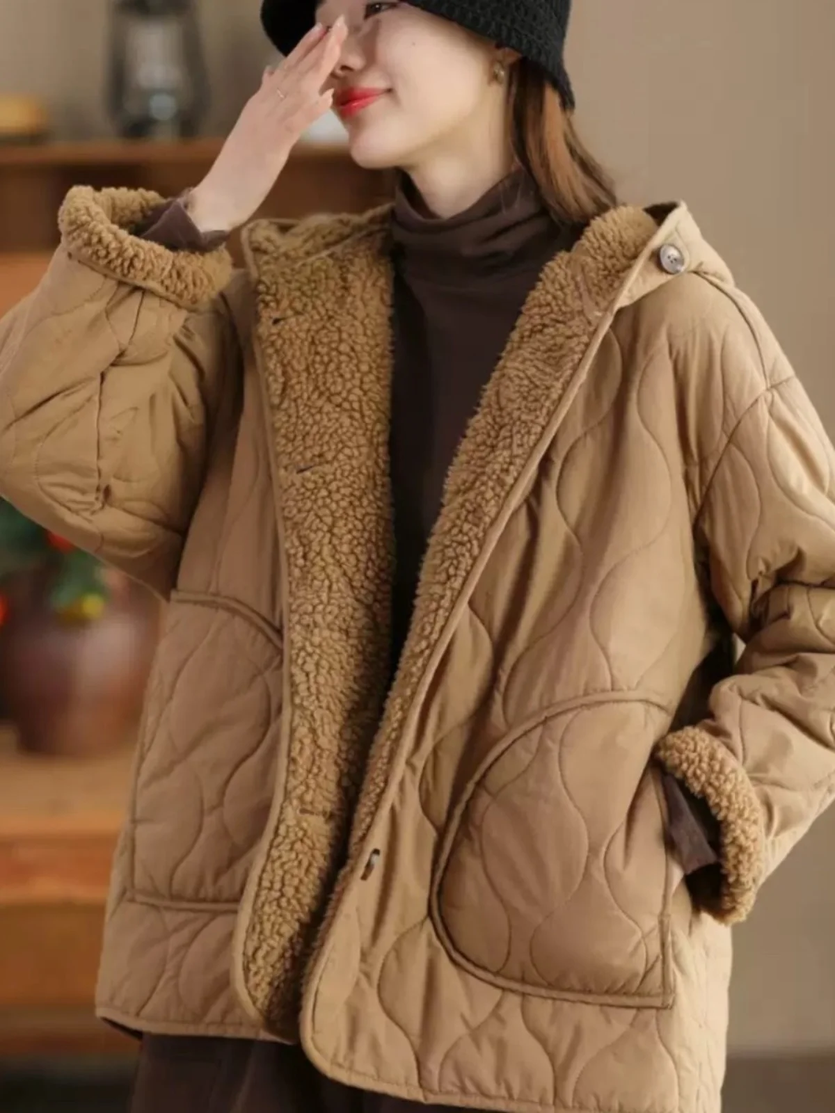 

Женское теплое зимнее пальто из бархатного хлопка Thiened Lamb с капюшоном Fce Inner Retro Sle Long Sve Button ket