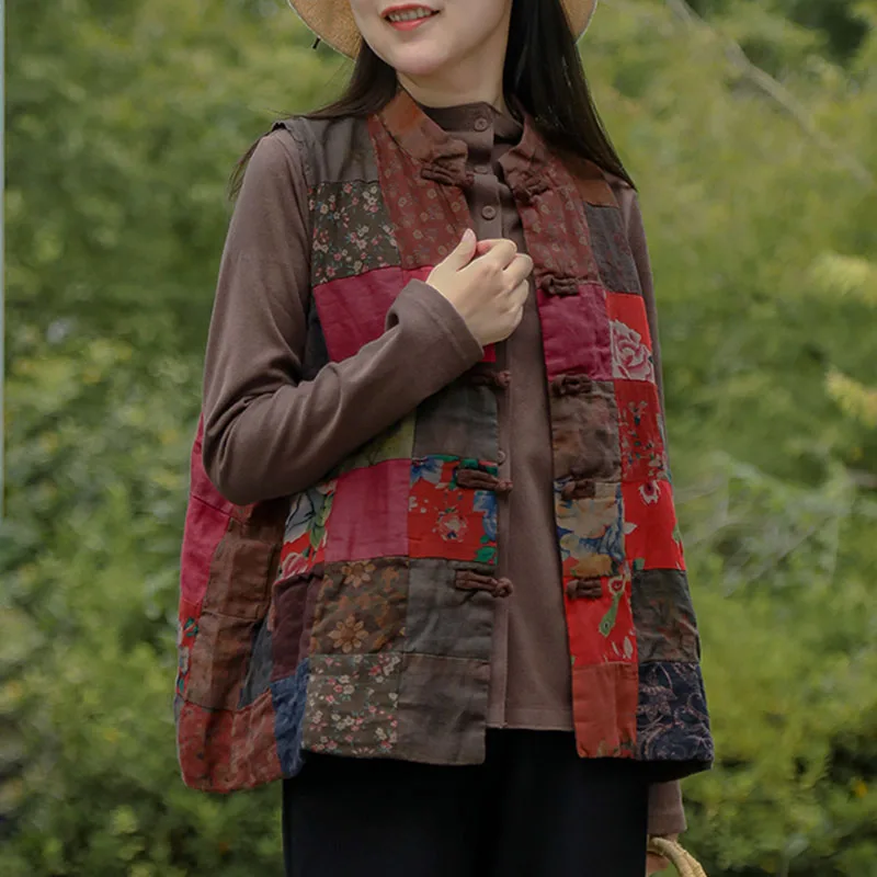 Original Vintage Small Hundred Cloth Color Patchwork Loose Short Vest Women's Fall Chinese Style Buttons Inside Double Vest