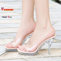 Size 35-45 Transparent PVC Slippers Ladies 9CM Thin High Heels Mules Summer Outdoors Sexy Women Shoes Fashion Square Toe Sandals
