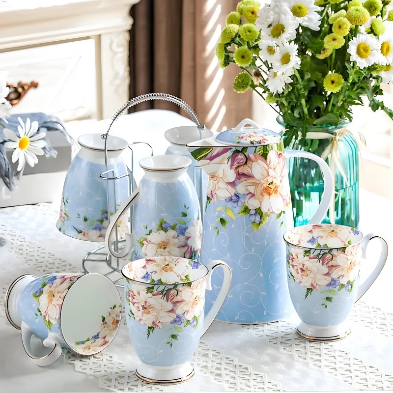 8-teiliges Set, Teekanne und Tassen-Set aus echtem Knochenporzellan, florales Taza-Café-Teeservice, Thermos-Kaffeebecher-Set, Teezeremonie-Set, Teetassen-Set