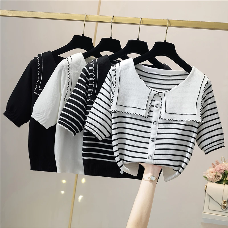 Contrast Striped knit T-shirt  Fashion Navy Collar Ice Silk short Sleeved Tee 2024 Summer New Loose Versatile Top For Women