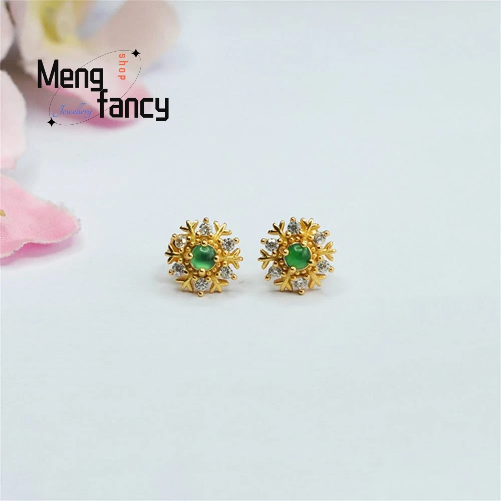 S925 Silver Inlaid Natural Jadeite Ice Type Imperial Green Snowflake Earring Exquisite Elegant High-grade Luxury Fashion Jewelry