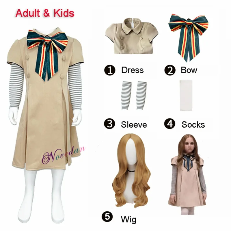 Costume cosplay m3gan per bambini adulti Parrucca Molle vestito bambola AI robot capelli set completo vestiti da festa di Halloween per ragazze donne