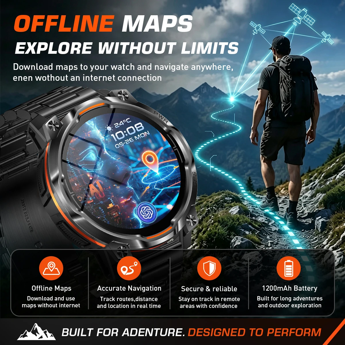 LIGE New Military Built-in GPS Offline Map Smart Watch BT Call 1200mAh Compass Flashlight IPX8 Waterproof Men Sports Smartwatch