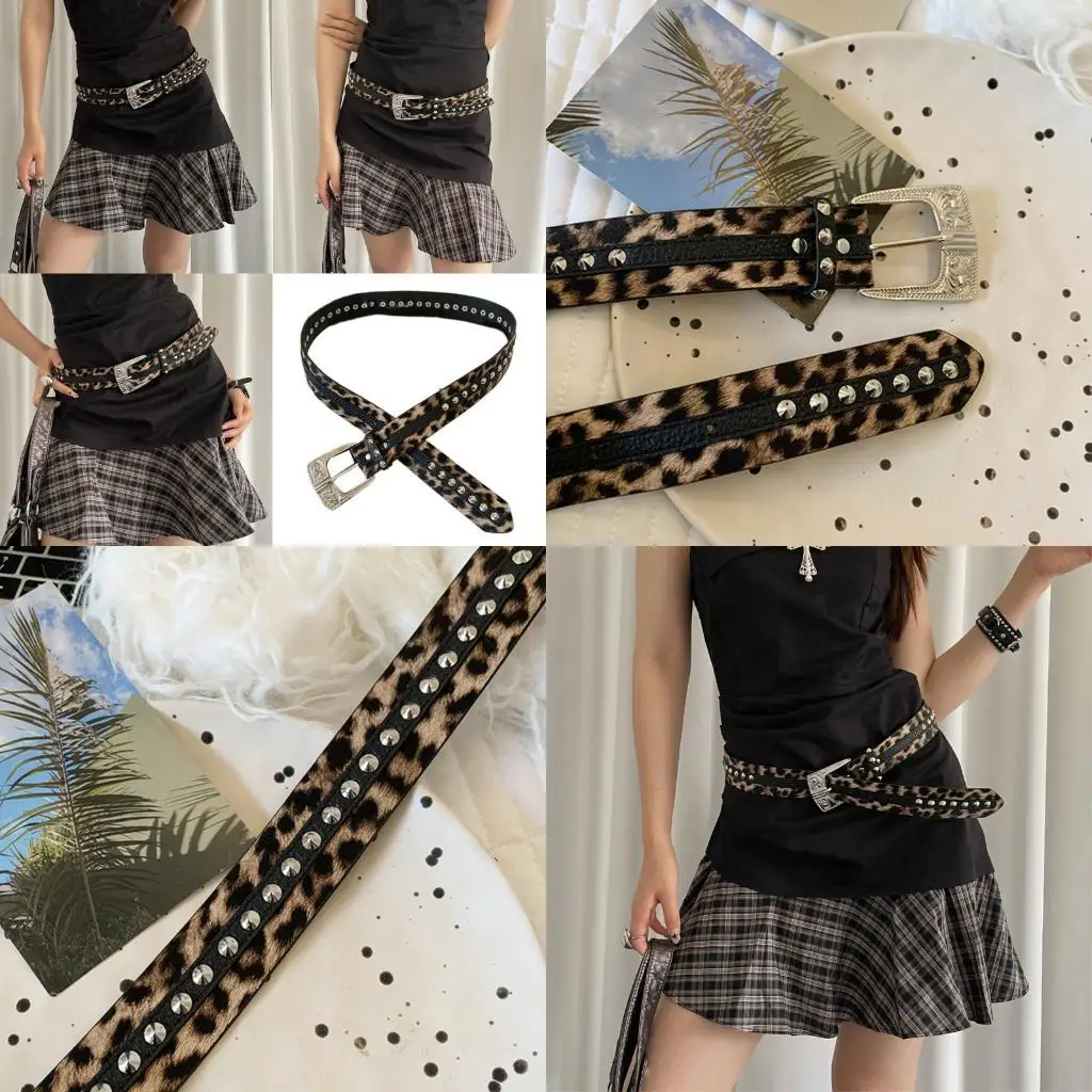 

39BB Unique Charm Metal Studded Waist Belt Leopard Print Girdle Punk Fashion Waist Decoration with PU Trim