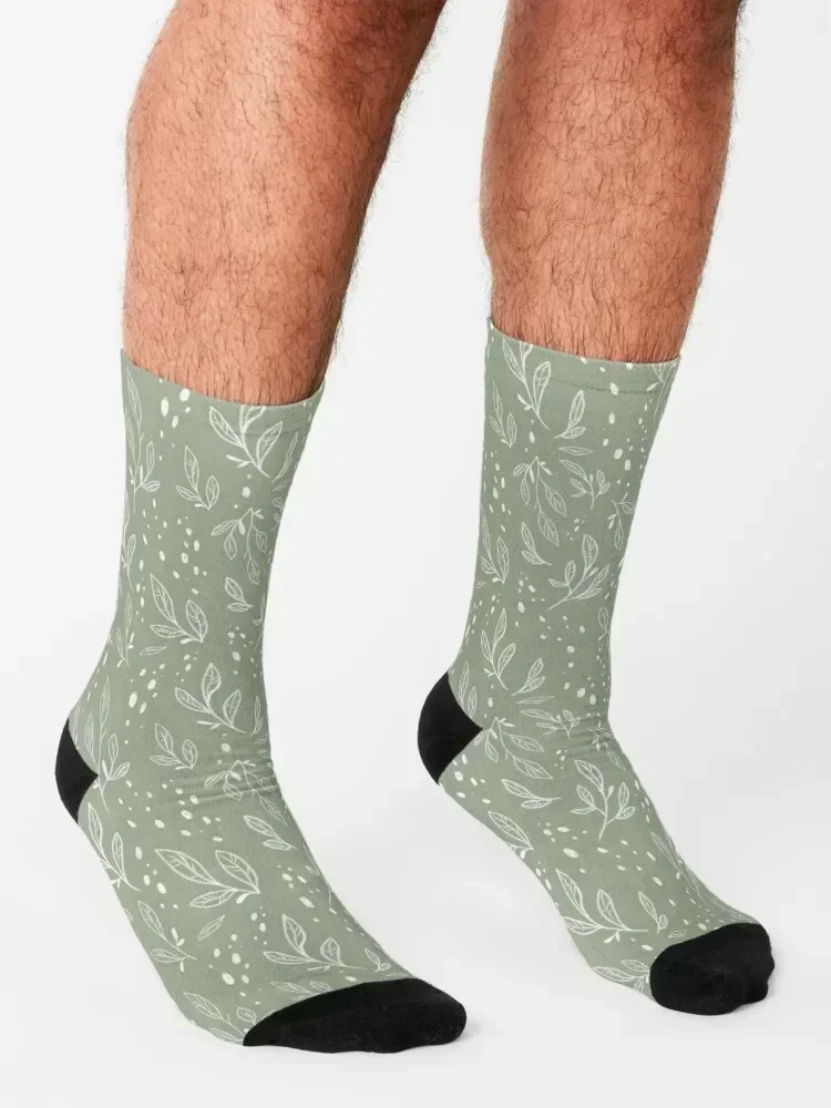 White leaf pattern on green Socks cute colored basketball christmas stocking Socks For Girls Men's