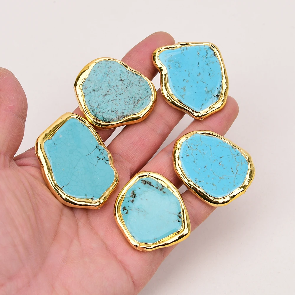 APDGG Wholesale 5Pcs Blue Turquoise Nugget Chunk Beads Gold plated Edge Connector Spacer Beads For Necklace Bracelet Making DIY