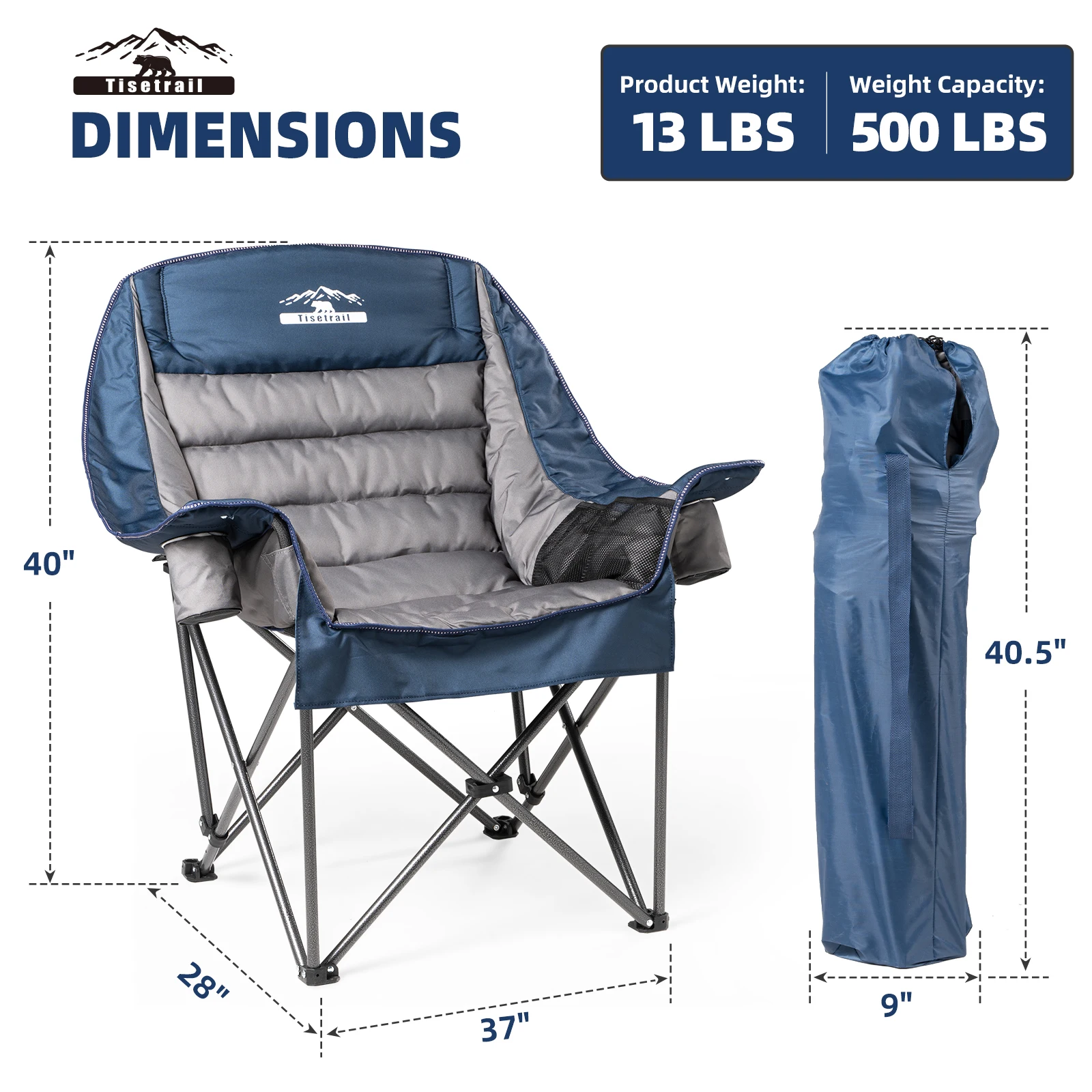 Tisetrail Oversized Padded Camping Chair Extra Large Camp Chairs For Adults With Side Pocket And Cup Holder Blue & Gray