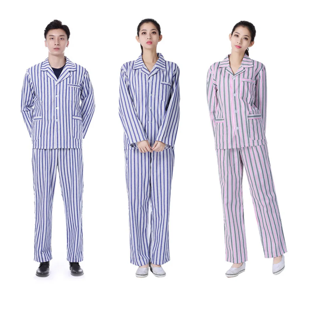 1 Set Adult Pajamas Cotton Long Sleeve Hospital Sleepwear Notch Collar Button Closure Stripe Pattern Patient Clothing Blue White
