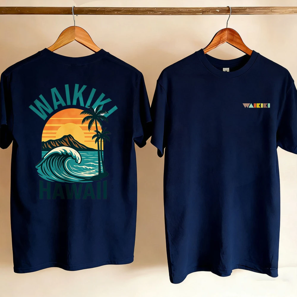 Retro Waikiki Hawaii Sunset Surf Graphic Tee Diamond Ocean Wave Palm Tree Art Short Sleeve Crewneck Casual Coastal Beachwear