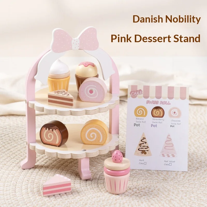 Kabeiqi Pink Danish Style Wooden Simulation Dessert Stand Kids Pretend Play Afternoon Tea Cake Toy Set For Toddlers Kindergarten
