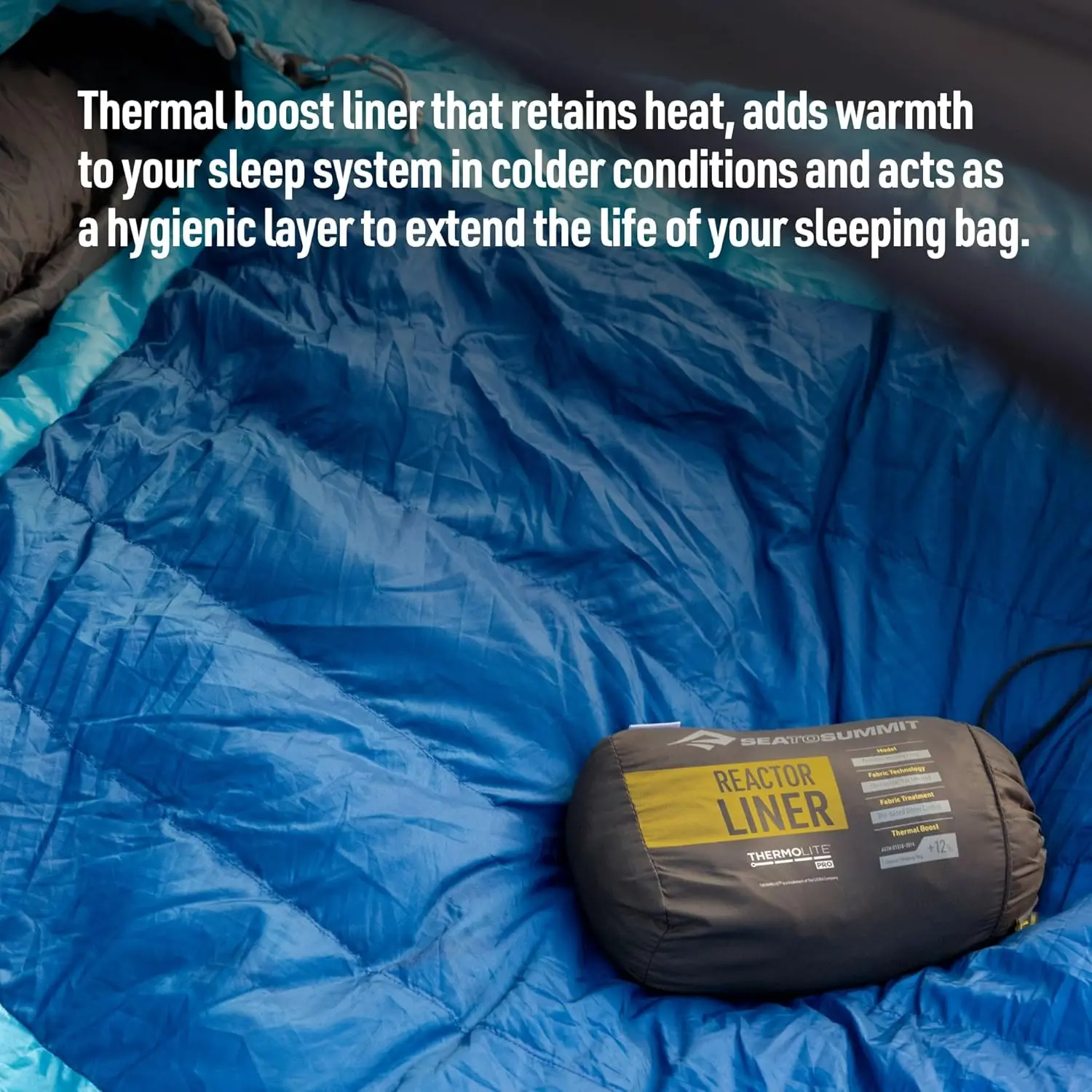 Reactor Insulated Sleeping Bag Liner, using knitted, hollow-core fibers and absorbing infrared ceramic pigments to reflect