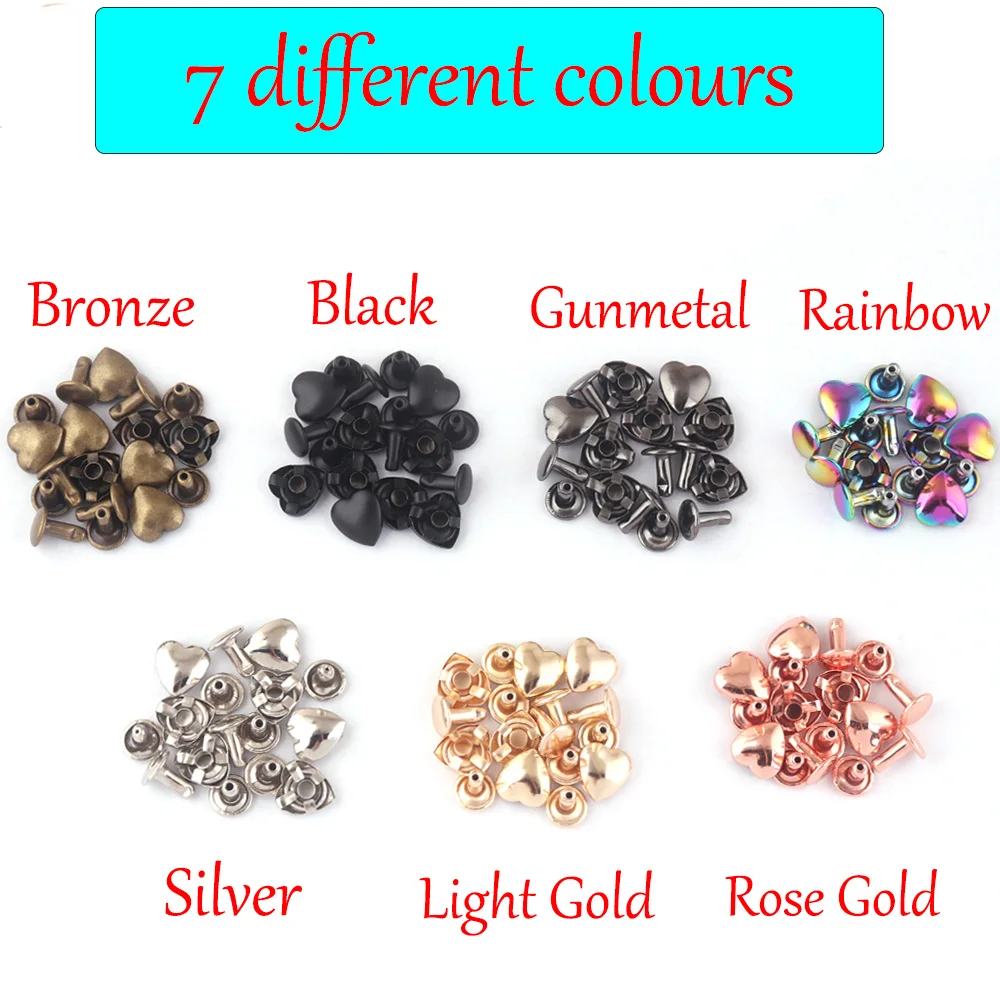 Rainbow Heart Shape Rivets - 10mm Metal Heart Rivet for Belt Clothes Purse Handbag Leather Craft DIY Handmade Accessories