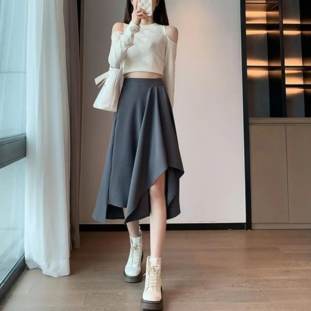 Women A-Line Skirt Solid Color High Waist Irregular Hem Midi Skirt Mid-length Large Hem Casual Skirt For Spring Fall