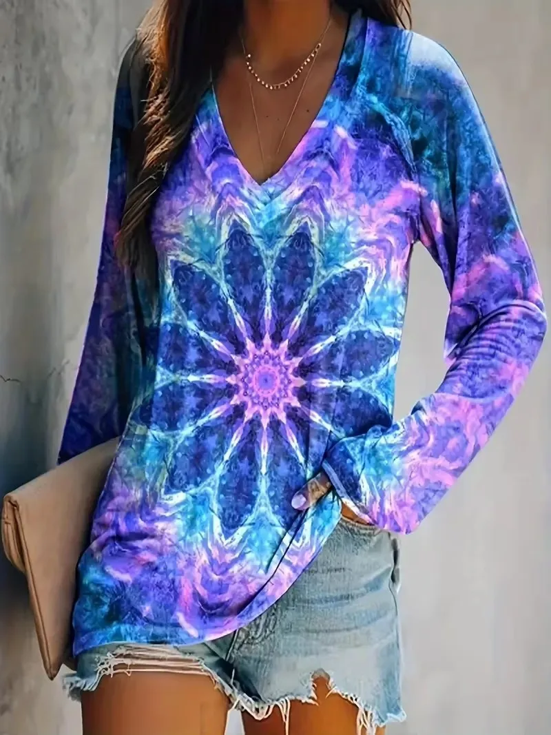 

Plus Size Floral Print T-Shirt, Casual V Neck Long Sleeve T-Shirt, Women's Plus Size Clothing