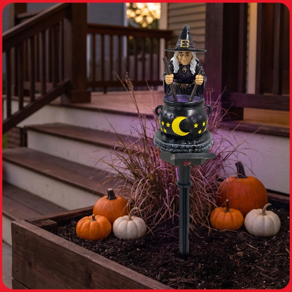 Hand-Carved Witch Cauldron Solar Halloween Light Star Moon Cutout Resin Figurine Waterproof Outdoor Garden Ornament
