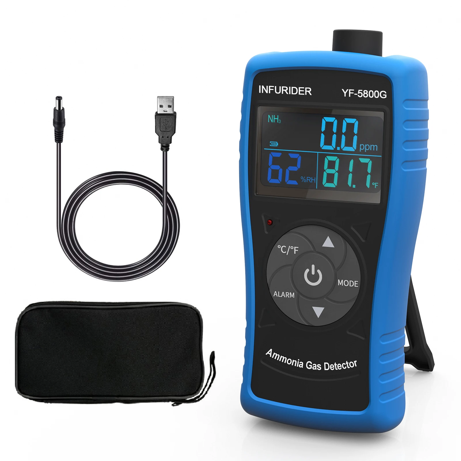 

Professional Ammonia Gas Meter Detector, Digital NH3 Monitor Sensor with Range 0~100 PPM, Temperature, Humidity, Rechargeable