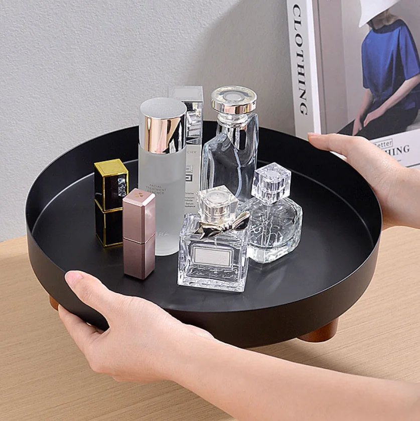 

Black Three-Legged Solid Wood Dried Fruit Tray Living Room Coffee Table Tray Decoration Household round Small Tea Tray Wooden